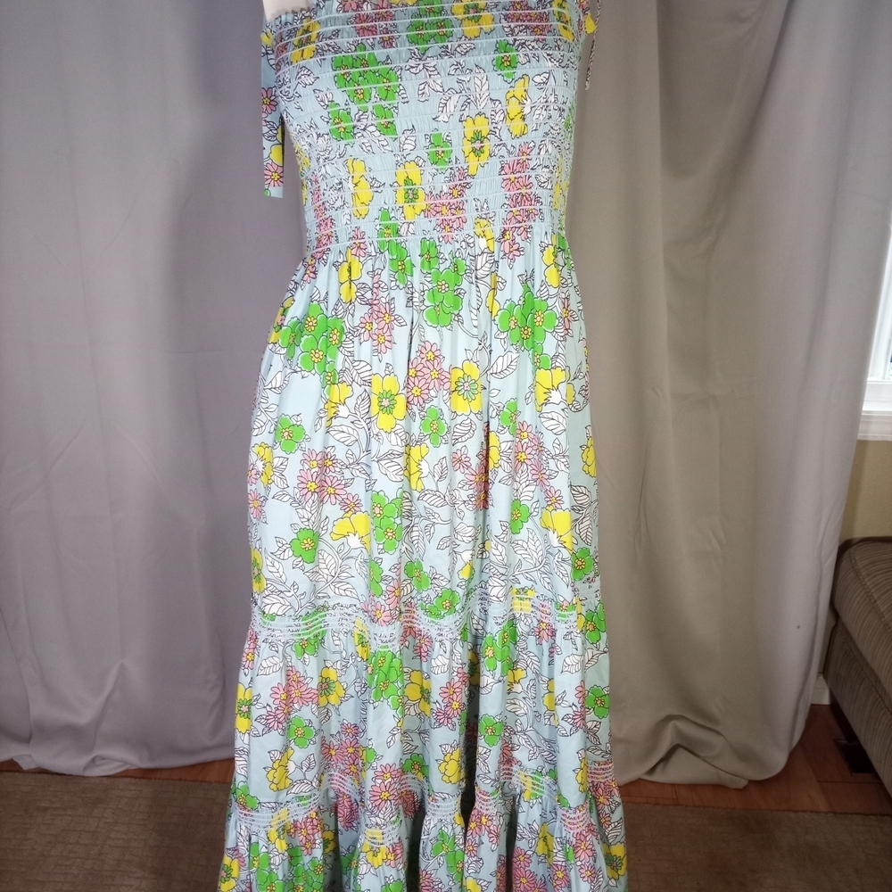 Tory Burch Pink and Green Pleated Strapless Sundress